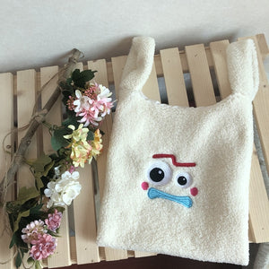 Plush Shoulder Bag Winter Cartoon Handbags Cute Face Embroidery  Hand Bag  Women Solid Color Ladies Bag Tote  28*30cm Small Bag