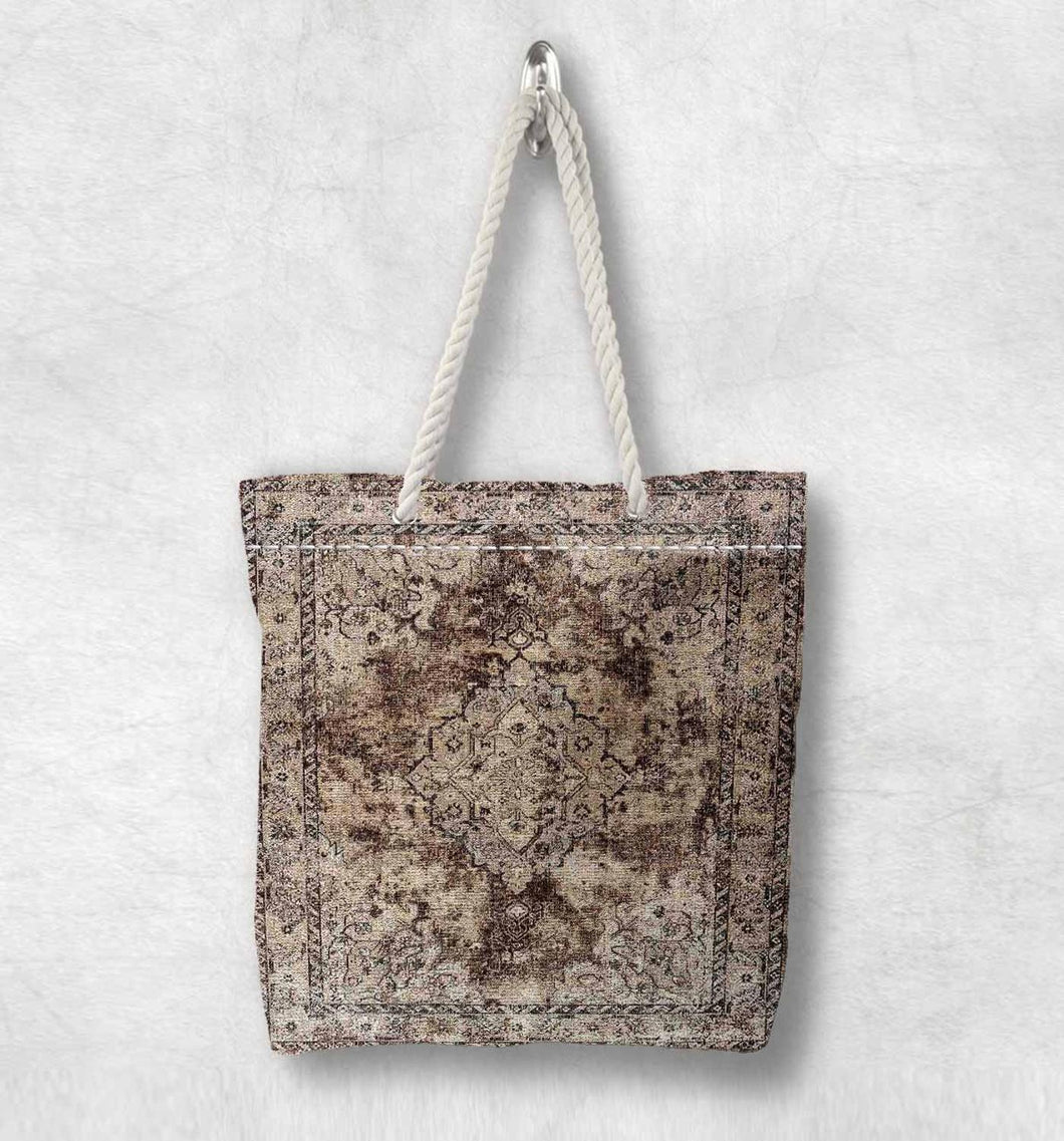 Else Brown Anatolia Antique Vintage Kilim Design White Rope Handle Canvas Bag Cotton Canvas Zippered Tote Bag Shoulder Bag